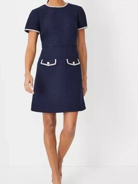 Ann Taylor Navy Shift Dress Size 8 Contrast Trim Pocket Detail Work Dress